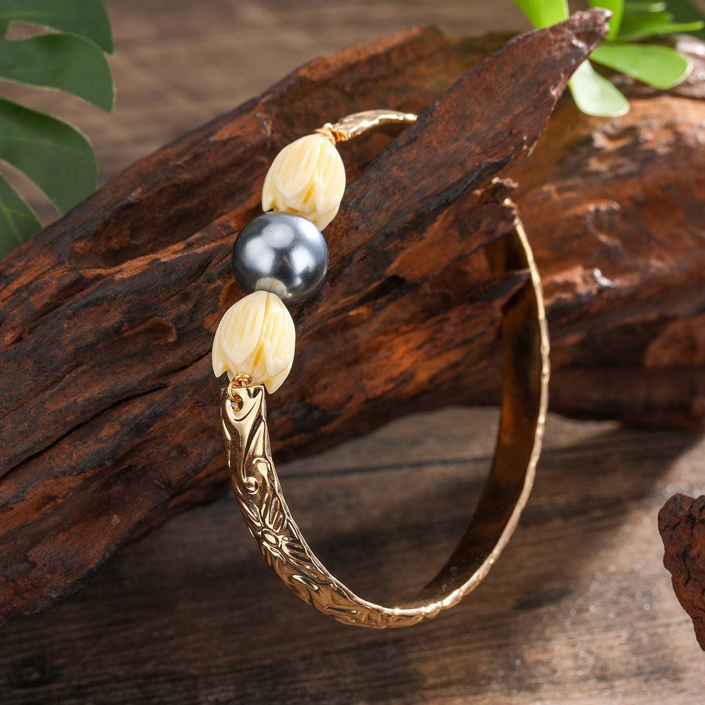 Carved Bracelet With Ivory Color Pikake Flower Beads In 2 Different Styles
