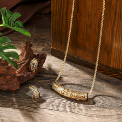 Set Of Carved Tube Barrel Necklace And Carved Half Moon Earrings In 2 Different Styles
