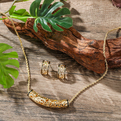 Set Of Carved Tube Barrel Necklace And Carved Half Moon Earrings In 2 Different Styles