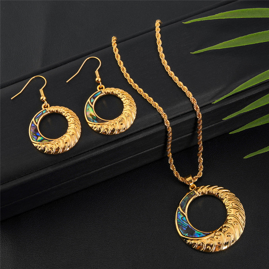Set Of Carved Round Earrings And Necklace With Abalone