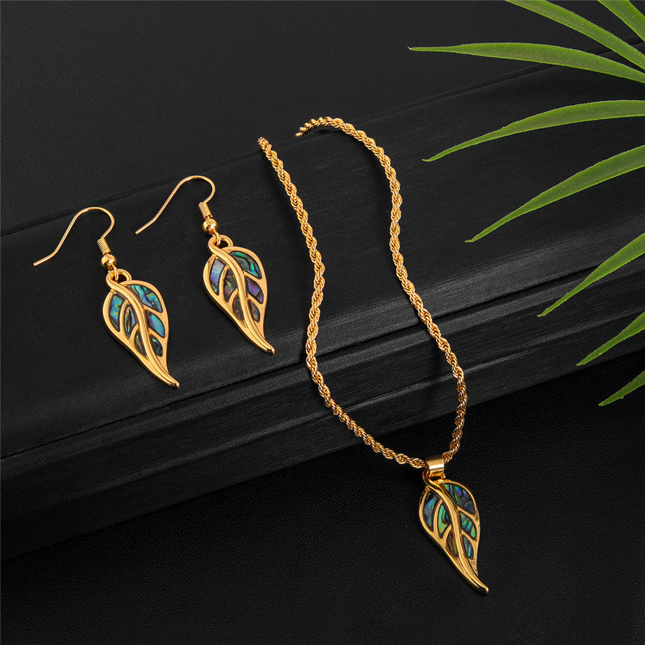 Set Of Hawaiian Abalone Leaf Earrings And Necklace