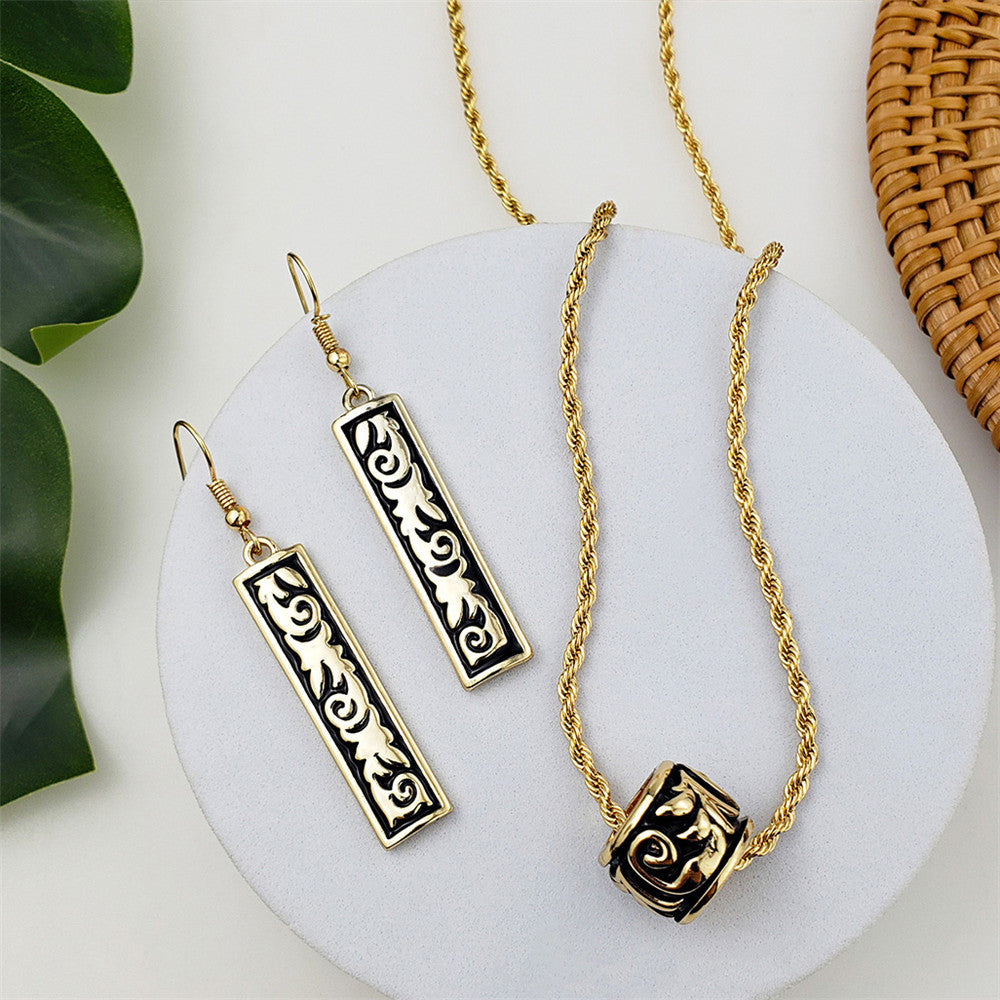 Set Of Carved Branches & Leaves Bar Earrings And Barrel Necklace