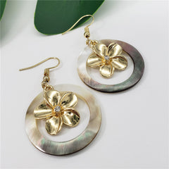 Black Shell Round Earrings With Plumeria Flower Charm Centered With A White Zircon