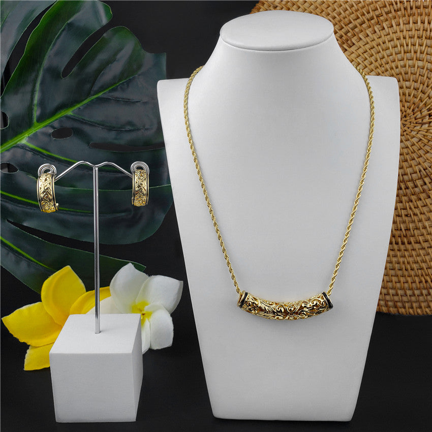 Set Of Carved Tube Barrel Necklace And Carved Half Moon Earrings In 2 Different Styles