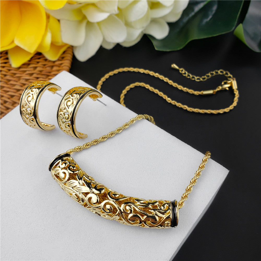 Set Of Carved Tube Barrel Necklace And Carved Half Moon Earrings In 2 Different Styles