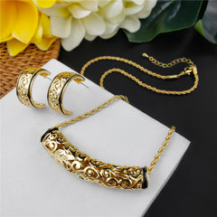 Set Of Carved Tube Barrel Necklace And Carved Half Moon Earrings In 2 Different Styles