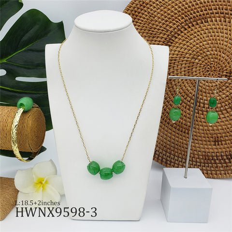 Set Of Bracelet, Earrings And Necklace With Green Gemstones