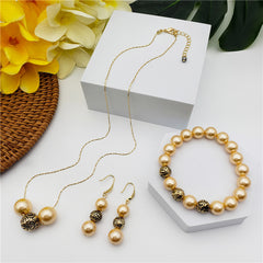 Set Of Bracelet, Earrings And Necklace With Pearls In Different Colors And Gold-Black Hollow Balls