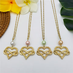 Set Of Infinity Carved Heart Earrings And Necklace Sustained With A Pearl In Different Colors