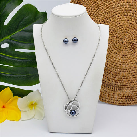Set Of Petrol Pearl Stud Earrings And Petrol Pearl Tangle Necklace In Silver/Gold