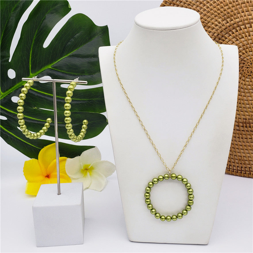 Set Of Half Round Pearl Earrings And Round Pearl Necklace In Different Colors