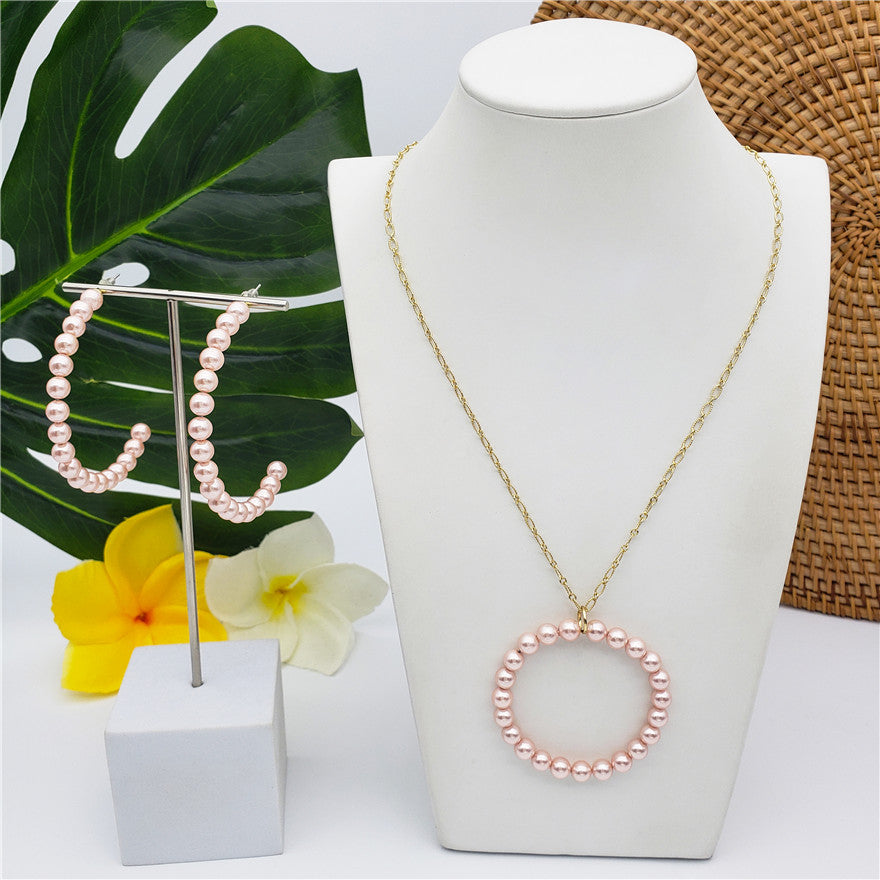 Set Of Half Round Pearl Earrings And Round Pearl Necklace In Different Colors