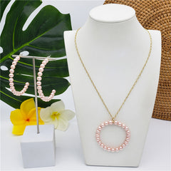 Set Of Half Round Pearl Earrings And Round Pearl Necklace In Different Colors