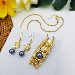 Set Of Seashell Earrings With Petrol Pearl And Carved Tunnel Necklace Of Starfish+Seashell+Dolphin Charms And A Petrol Pearl