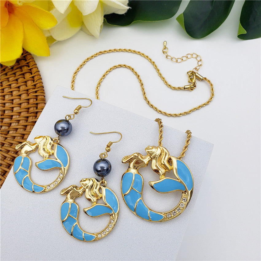 Set Of Blue Stones Mermaid With White Zircons Necklace And Earrings Sustained With Petrol Pearl