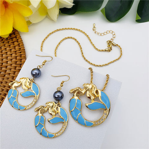 Set Of Blue Stones Mermaid With White Zircons Necklace And Earrings Sustained With Petrol Pearl
