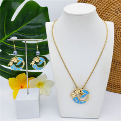 Set Of Blue Stones Mermaid With White Zircons Necklace And Earrings Sustained With Petrol Pearl