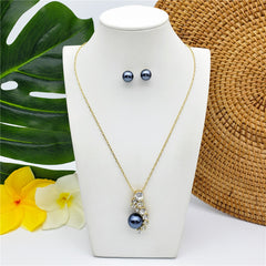 Set Of Petrol Pearl Stud Earrings And Necklace With Petrol Pearl And Zircons In Different Colors