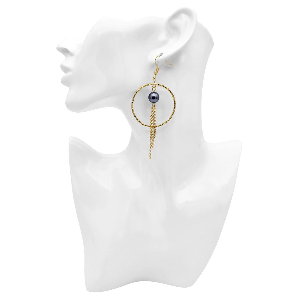Eye Of The Moon Round Dangling Earrings Sustained With A Petrol Pearl And Chain Drops