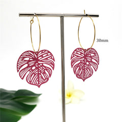 Hawaiian Veined Monstera Leaf Hoop Earrings In Different Colors