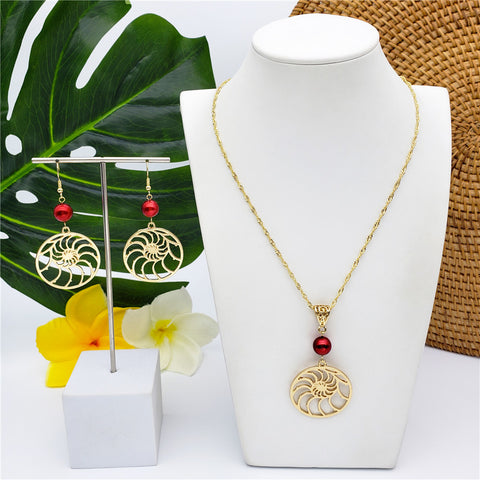 Set Of Spiral Web Wheel Earrings And Necklace Sustained With A Pearl In 2 Different Colors