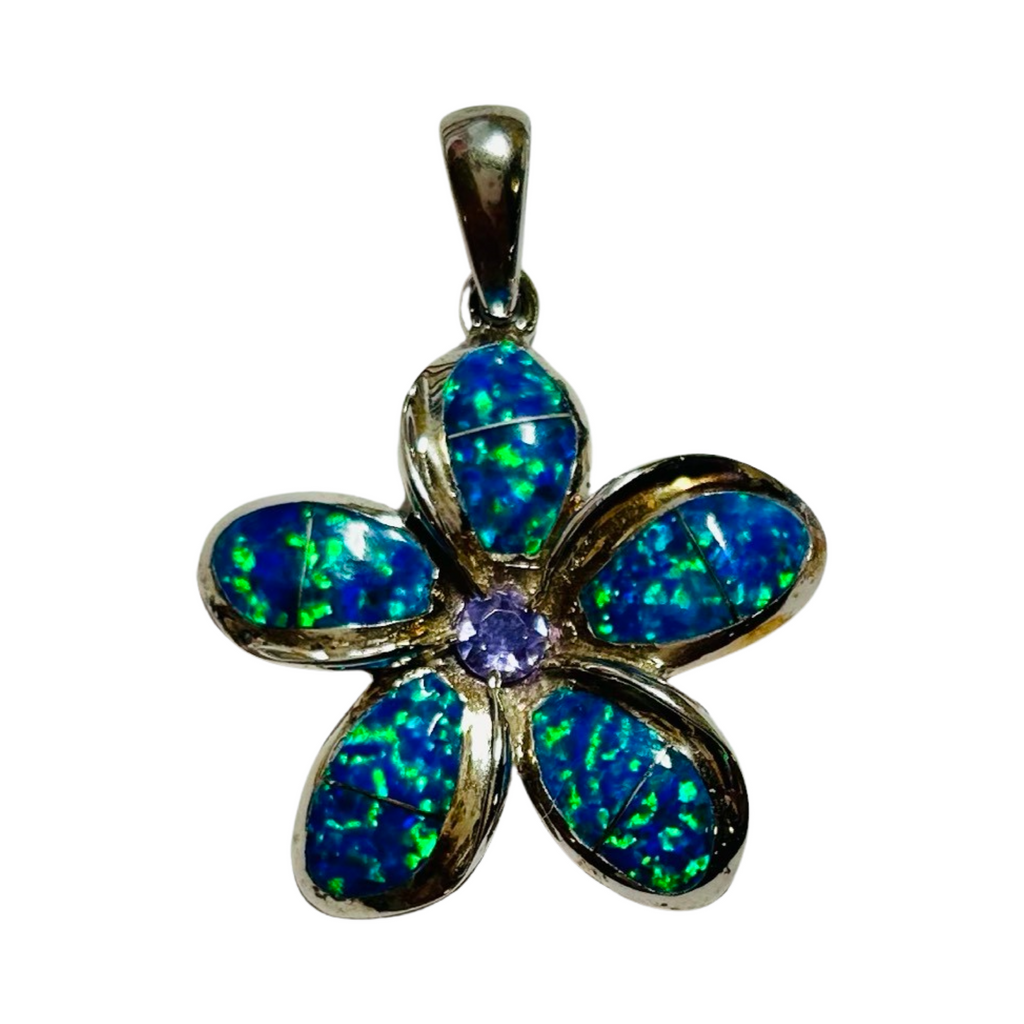 Sterling Silver 925 Opal Plumeria Pendant with Tanzanite Color Cubic Zirconia