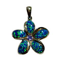 Sterling Silver 925 Opal Plumeria Pendant with Tanzanite Color Cubic Zirconia