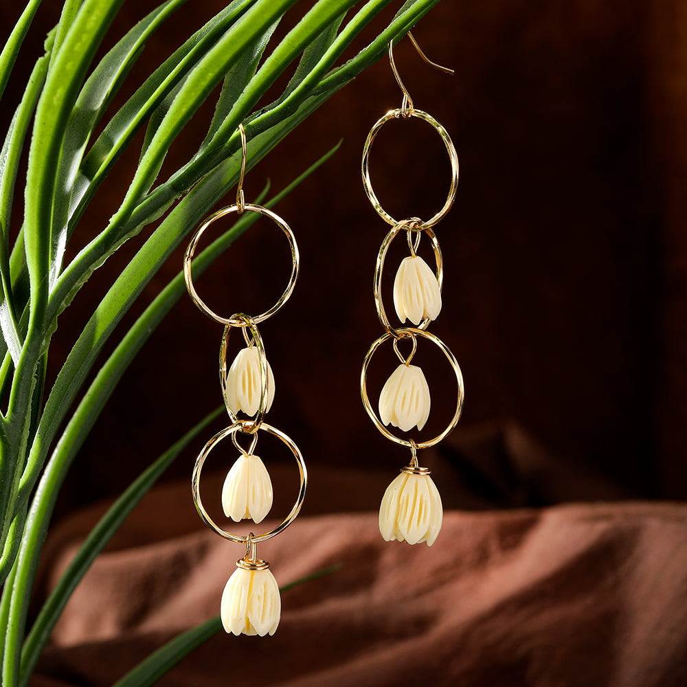 Triple Hoop Drop Earrings Sustained With Hawaiian Ivory Color Pikake Flower Beads