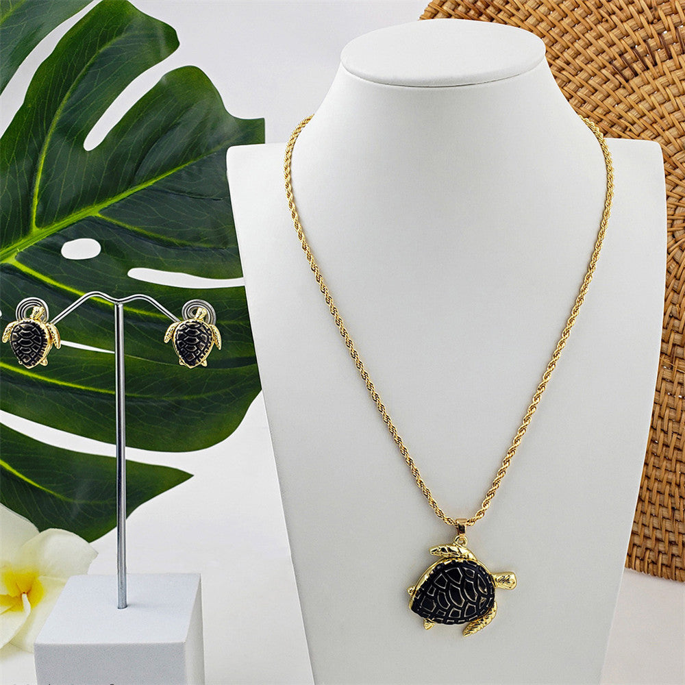 Set Of Hawaiian Turtle With Black Shell Earrings And Necklace