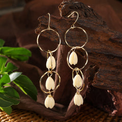 Triple Hoop Drop Earrings Sustained With Hawaiian Ivory Color Pikake Flower Beads