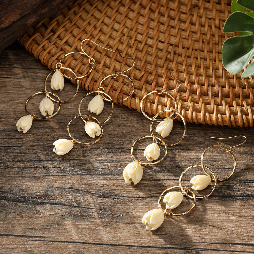 Triple Hoop Drop Earrings Sustained With Hawaiian Ivory Color Pikake Flower Beads