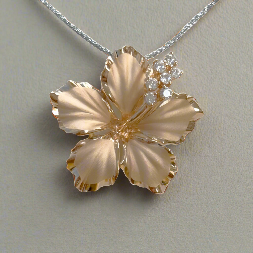 Sterling silver Hawaiian Hibiscus Flower Pendant With White Cubic Zirconia