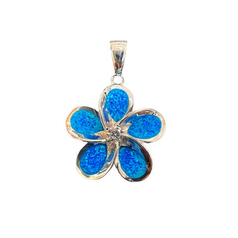 Blue Opal Hawaiian Plumeria Flower Pendant With A White Zircon In The Center