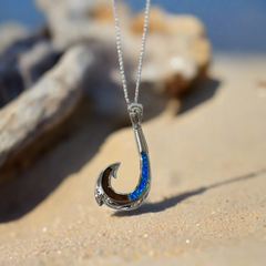 Sterling silver Carved Fish Hook With Blue Opal And Koa wood In 2 Different Sizes