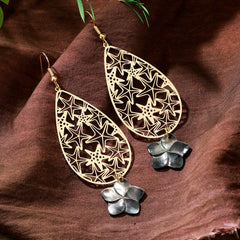 Carved Starfish Teardrop Earrings Sustained With A Black Lip Shell Plumeria Flower