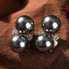 Double Pearl Stud Earrings In 3 Different Colors With White Zircons