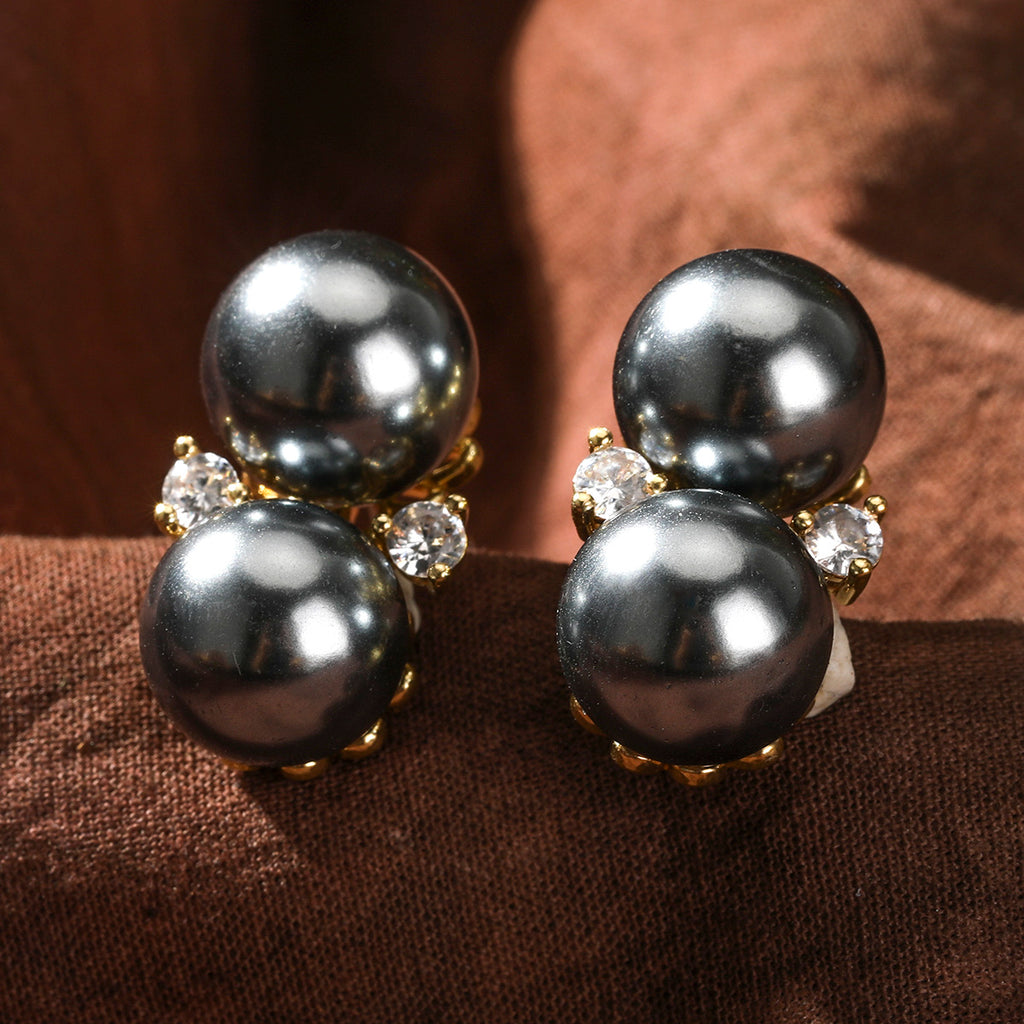 Double Pearl Stud Earrings In 3 Different Colors With White Zircons