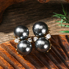 Double Pearl Stud Earrings In 3 Different Colors With White Zircons