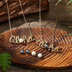 Set Of "Aloha" Necklace And Stud Earrings With Pearls In 2 Different Colors