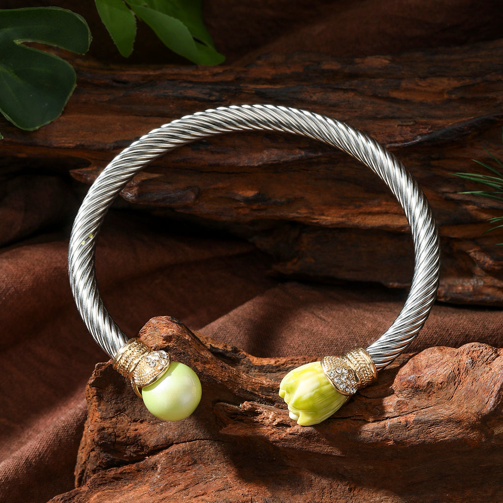 Cable Cuff White Zircons Edged Bracelet With A Pearl And Flower Bead