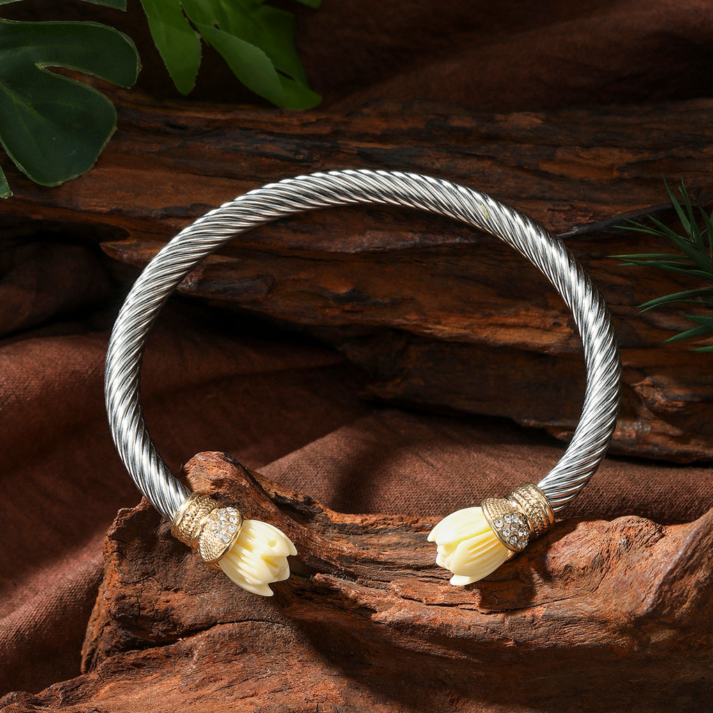 Cable Cuff White Zircons Edged Bracelet With A Pearl And Flower Bead