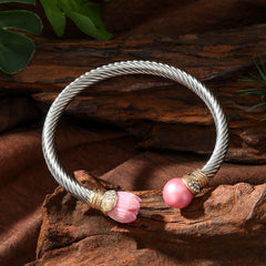 Cable Cuff White Zircons Edged Bracelet With A Pearl And Flower Bead