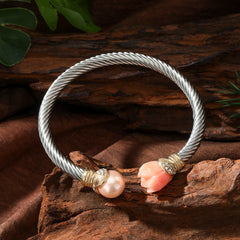 Cable Cuff White Zircons Edged Bracelet With A Pearl And Flower Bead