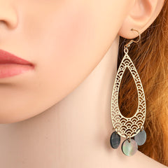 Carved Waves Double Teardrop Earrings Sustained With Triple Black Lip Shell Rounds