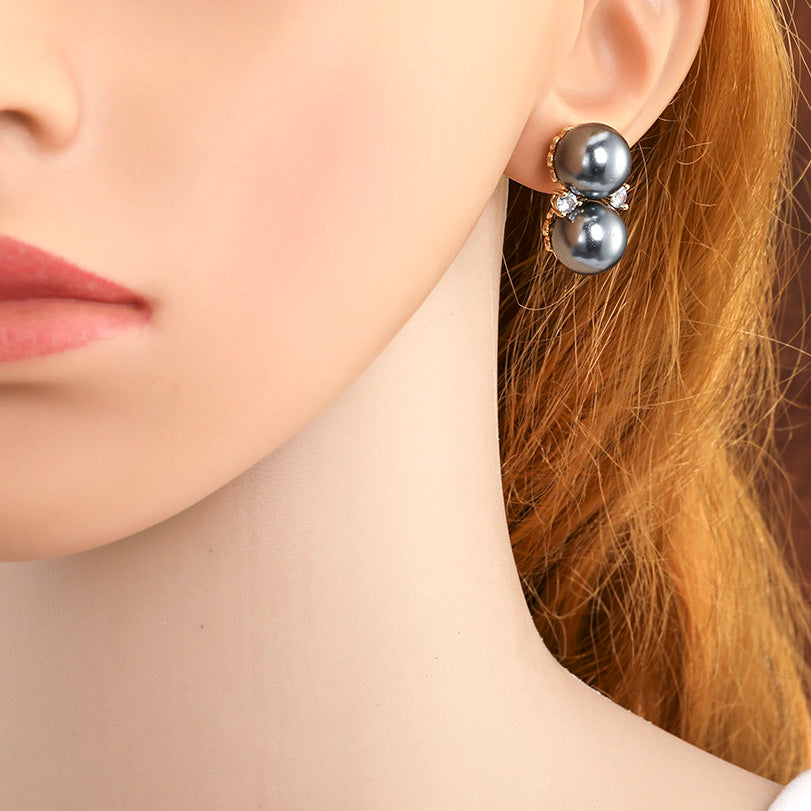 Double Pearl Stud Earrings In 3 Different Colors With White Zircons