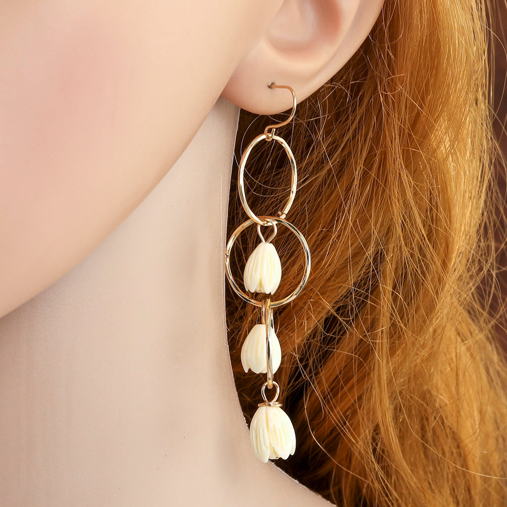 Triple Hoop Drop Earrings Sustained With Hawaiian Ivory Color Pikake Flower Beads