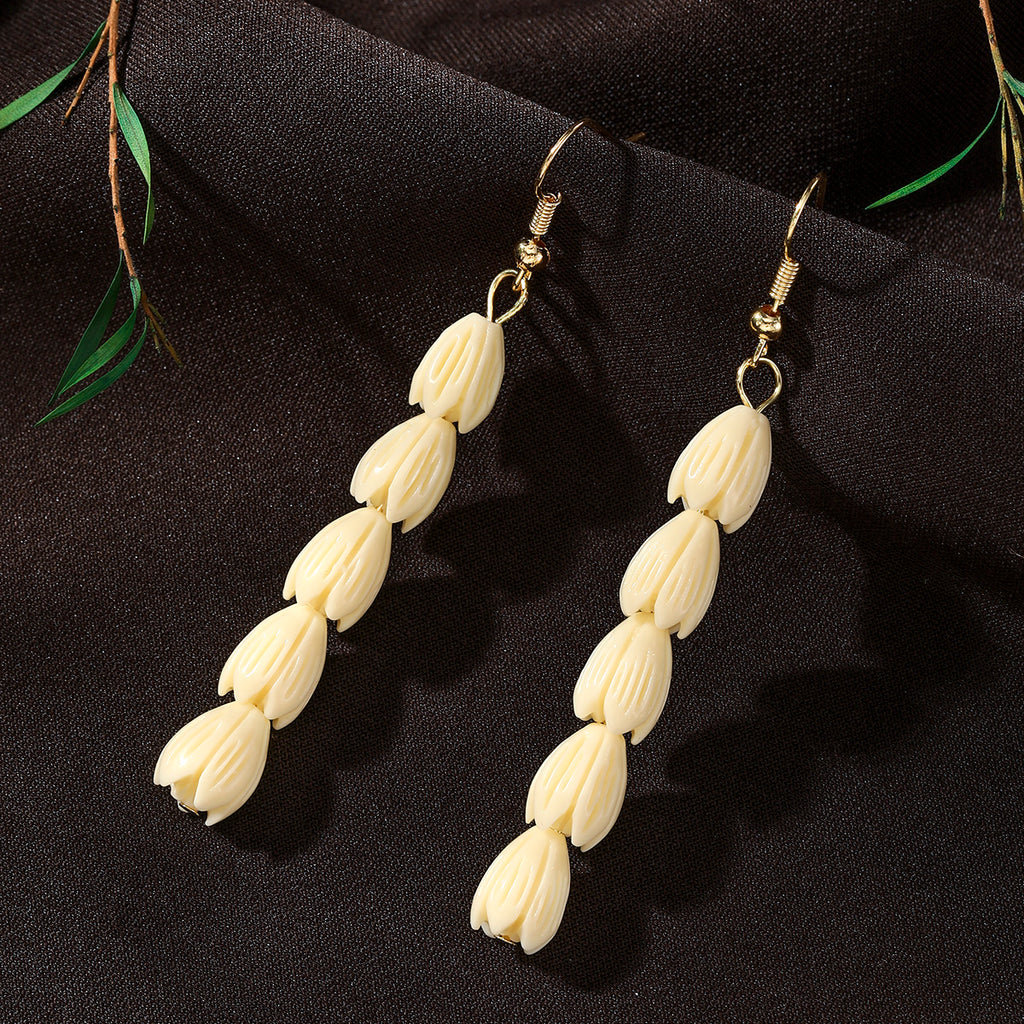 Hawaiian Ivory Color Pikake Flower Beads Drop Earrings