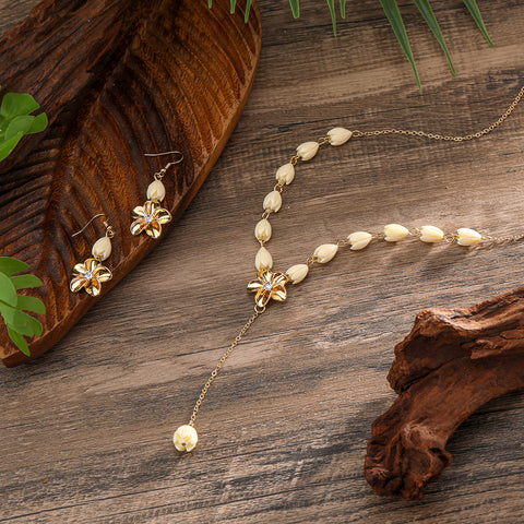 Set Of Ivory Color Pikake Flower Beads Earrings And Necklace With Plumeria Flower Centered With White Zircon