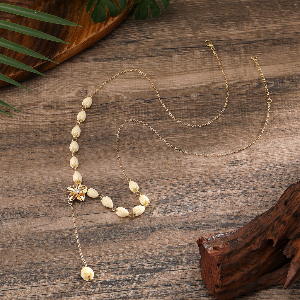 Set Of Ivory Color Pikake Flower Beads Earrings And Necklace With Plumeria Flower Centered With White Zircon