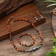 Set Of Bracelet, Drop Earrings And Necklace With Wooden Beads, Golden Brass Beads And Shell Pearls